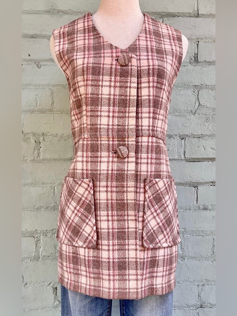Plaid Beige Wool Button Down Vest